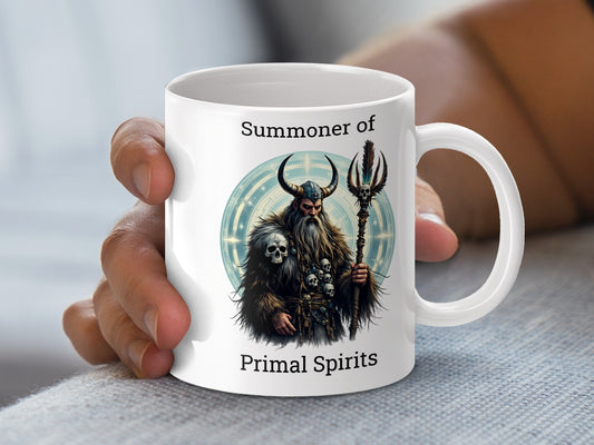 Primal Spirits Summoner Mug, Fantasy Art Coffee Cup, Unique Gift for Gamers, Shaman Design White Ceramic Mug