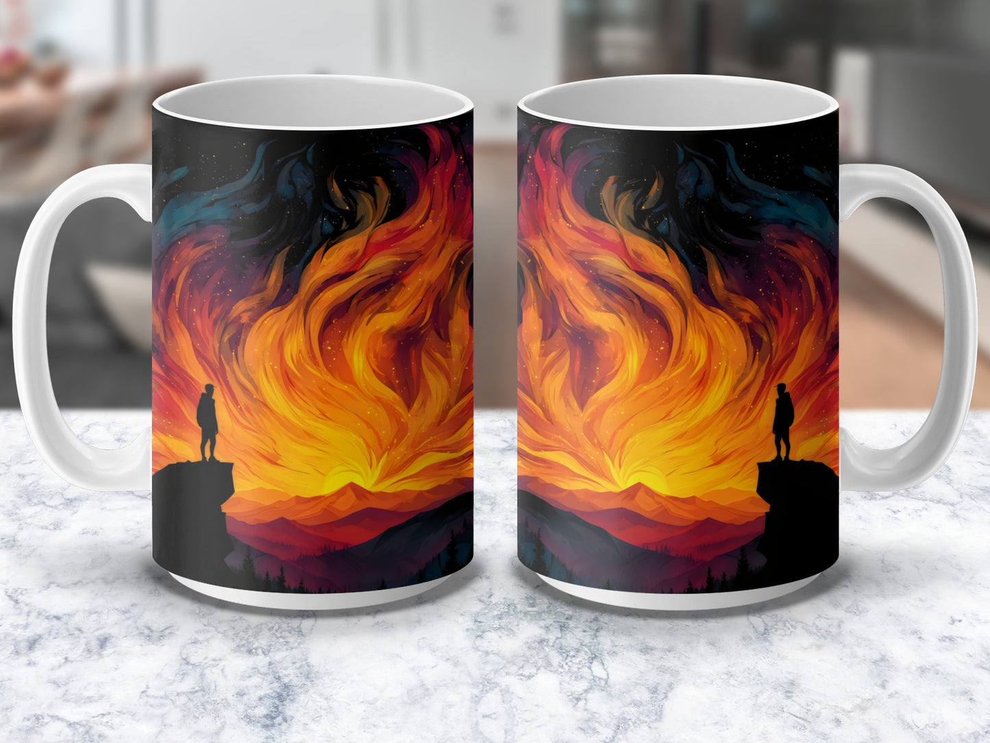 Colorful Fire and Sky Art Coffee Mug, Unique Silhouette Design, Vibrant Desk Decor, Gift Idea