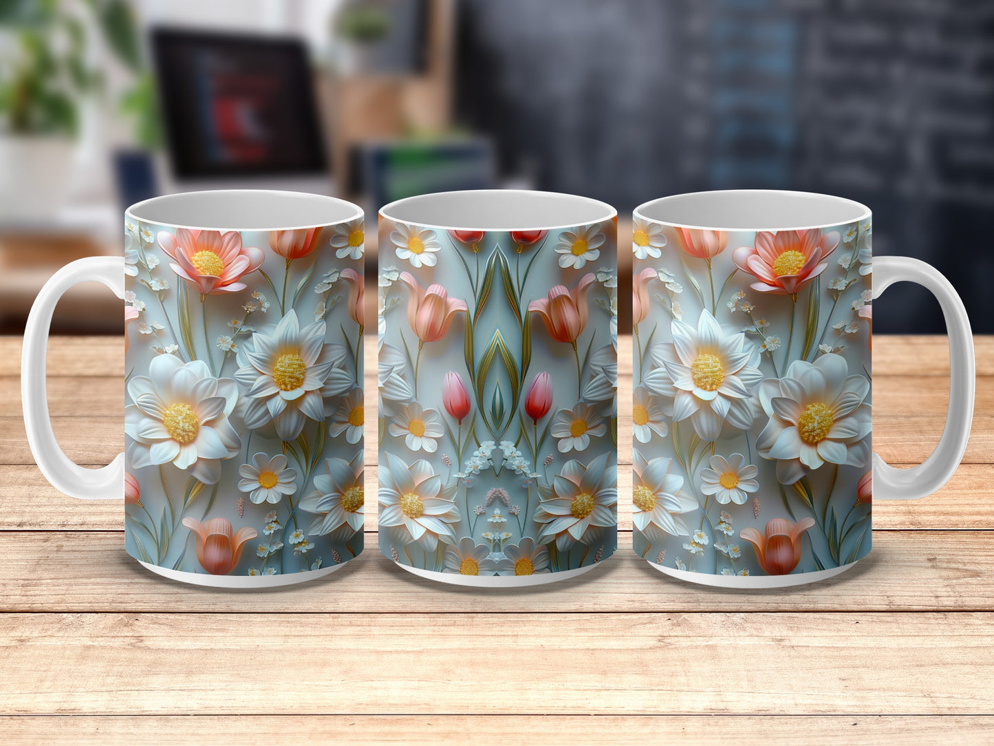 Floral Ceramic Mugs, Colorful Spring Flowers Design, Coffee Tea Cup Set, Gift Idea