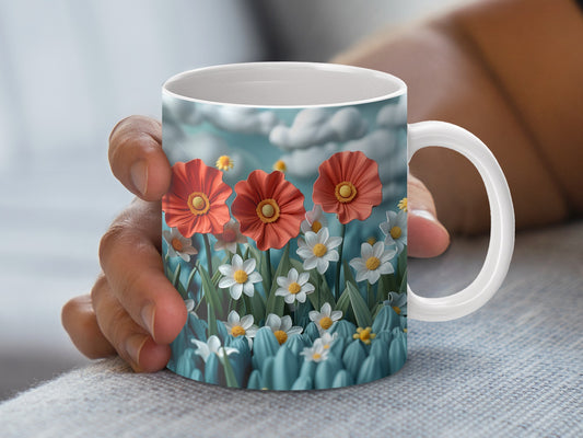 Floral Coffee Mug, Red Poppies and White Daisies Design, Ceramic Tea Cup, Unique Gift Idea, Spring Flowers Decor