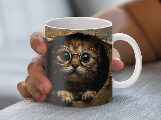 Cute Cat Mug, Kitten in Glasses Coffee Cup, Unique Cat Lover Gift, Novelty Animal Mug, Pet Themed Drinkware, Fun Office Mug, Cat Dad Mom