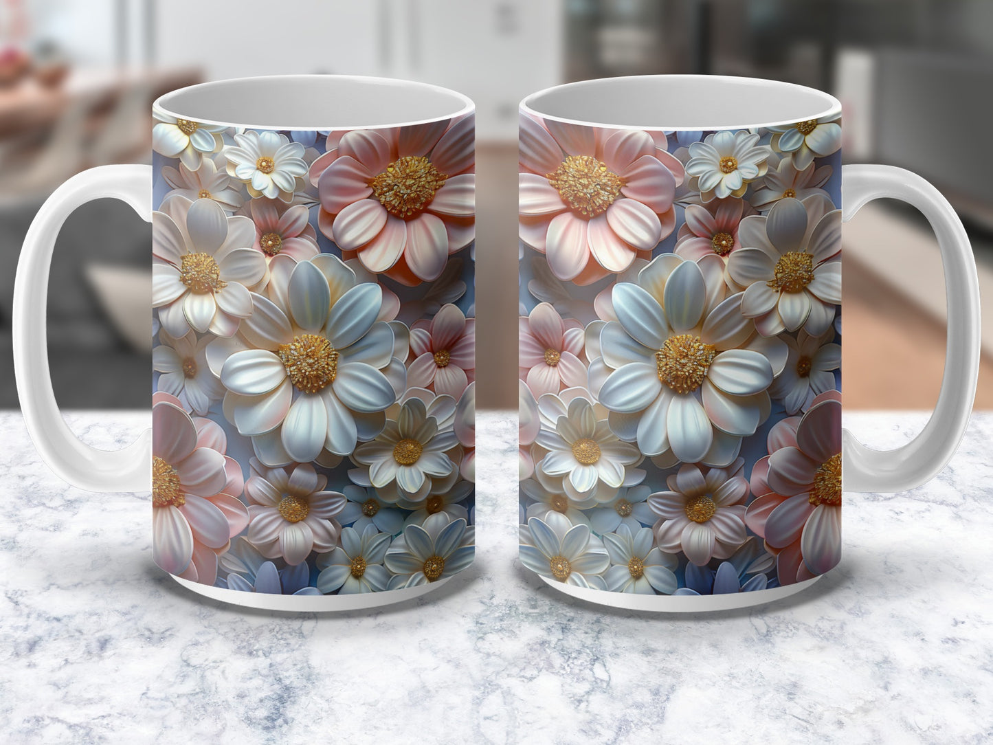 Floral Coffee Mugs, Pastel Flower Print, Ceramic Cup Set, Tea Mugs, Gift Idea, Kitchen Decor, Tableware