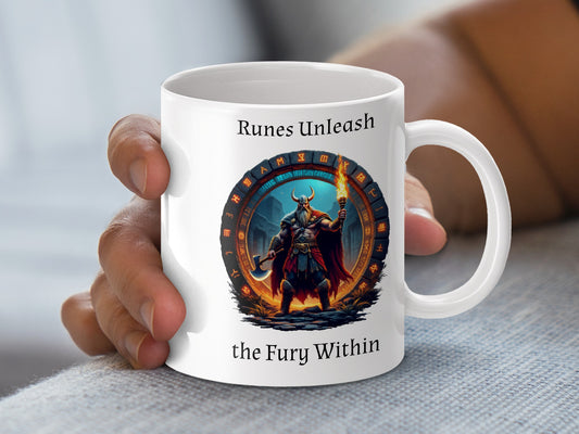 Viking Warrior Coffee Mug, Norse Mythology Inspired, Runes Unleash, The Fury Within, Gift Idea