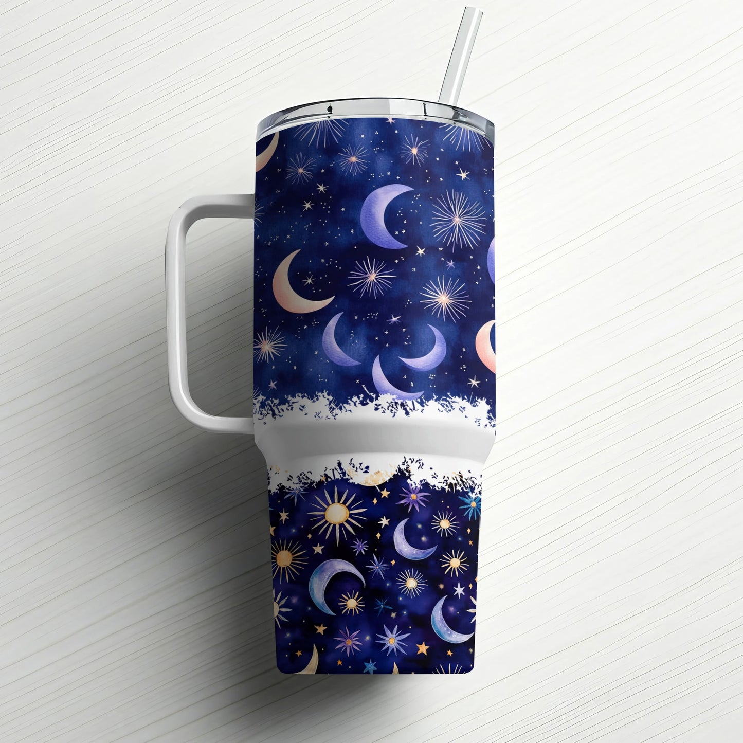 Celestial Tumbler with Straw, Moon and Stars Pattern, Navy Blue Insulated Drinkware, Unique Gift Idea, 20 oz Water Cup