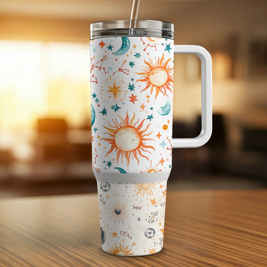 Celestial Tumbler Cup, Sun and Stars Pattern, Insulated Travel Mug, Unique Gift Idea, Astronomical Design Drinkware