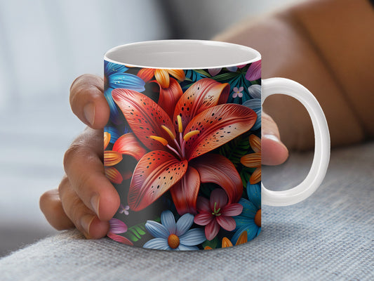 Floral Coffee Mug, Vibrant Lily and Daisy Print, Colorful Ceramic Cup, Unique Gift for Plant Lovers