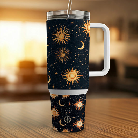 Celestial Tumbler Cup, Sun Moon Stars Pattern, Insulated Travel Mug, Unique Space Design, Gift for Astronomy Lovers