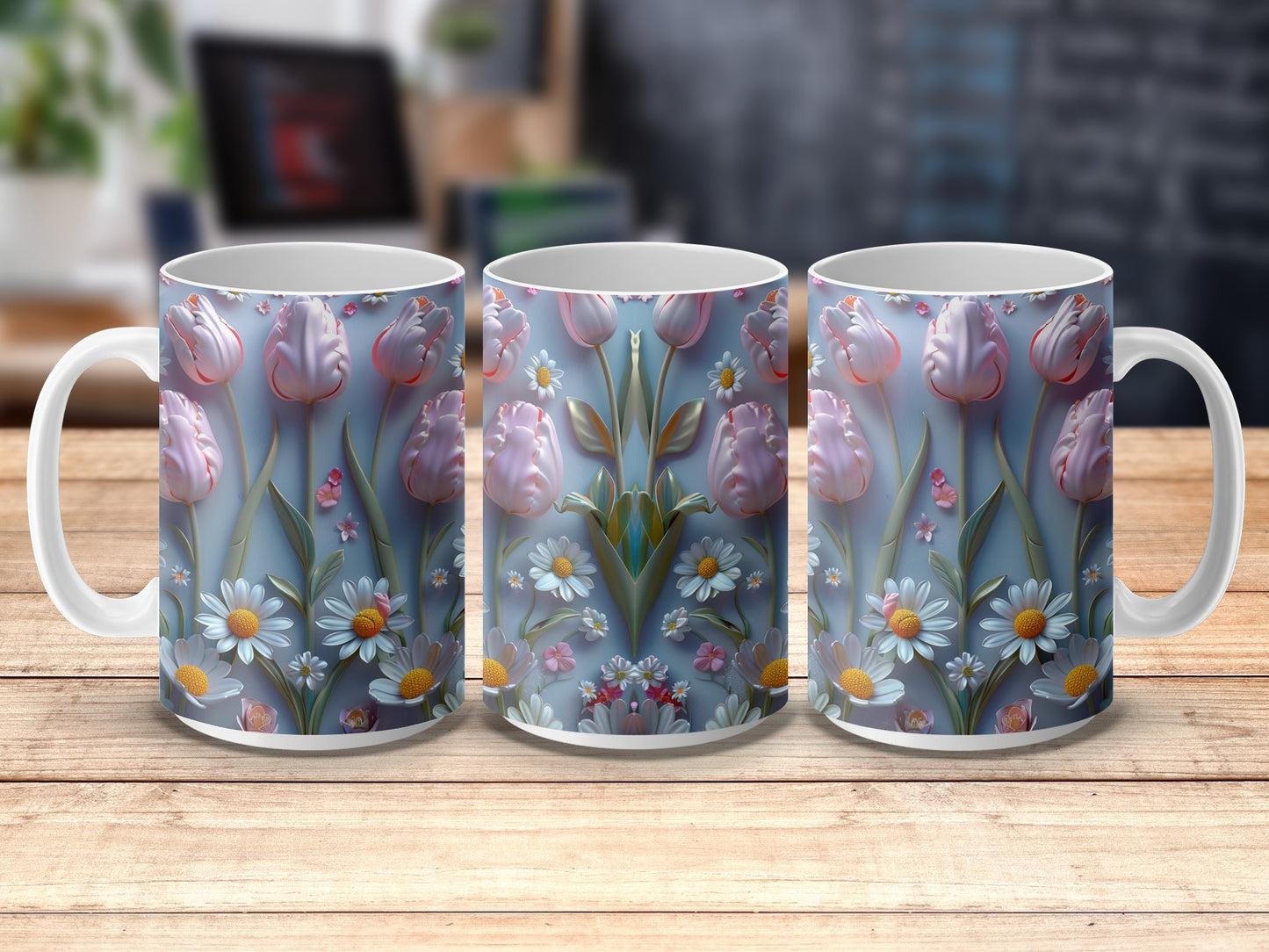 Floral Coffee Mugs, Spring Tulip and Daisy Design, Set of Three Ceramic Cups, Perfect Gift for Garden Lovers