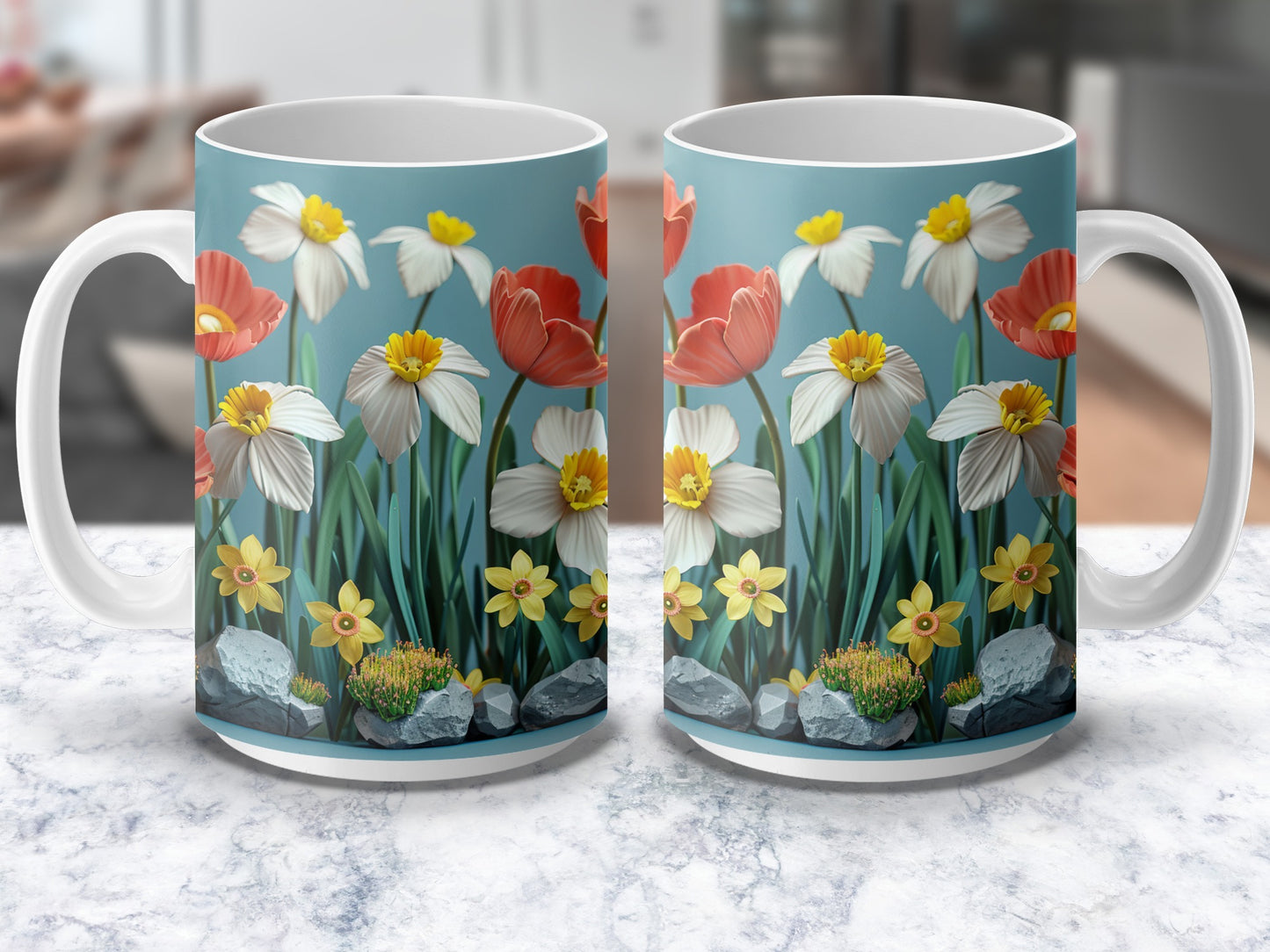 Floral Coffee Mugs, Spring Flower Design, Vibrant Daffodils and Poppies, Set of Two Mugs, Kitchen Decor, Gift Idea