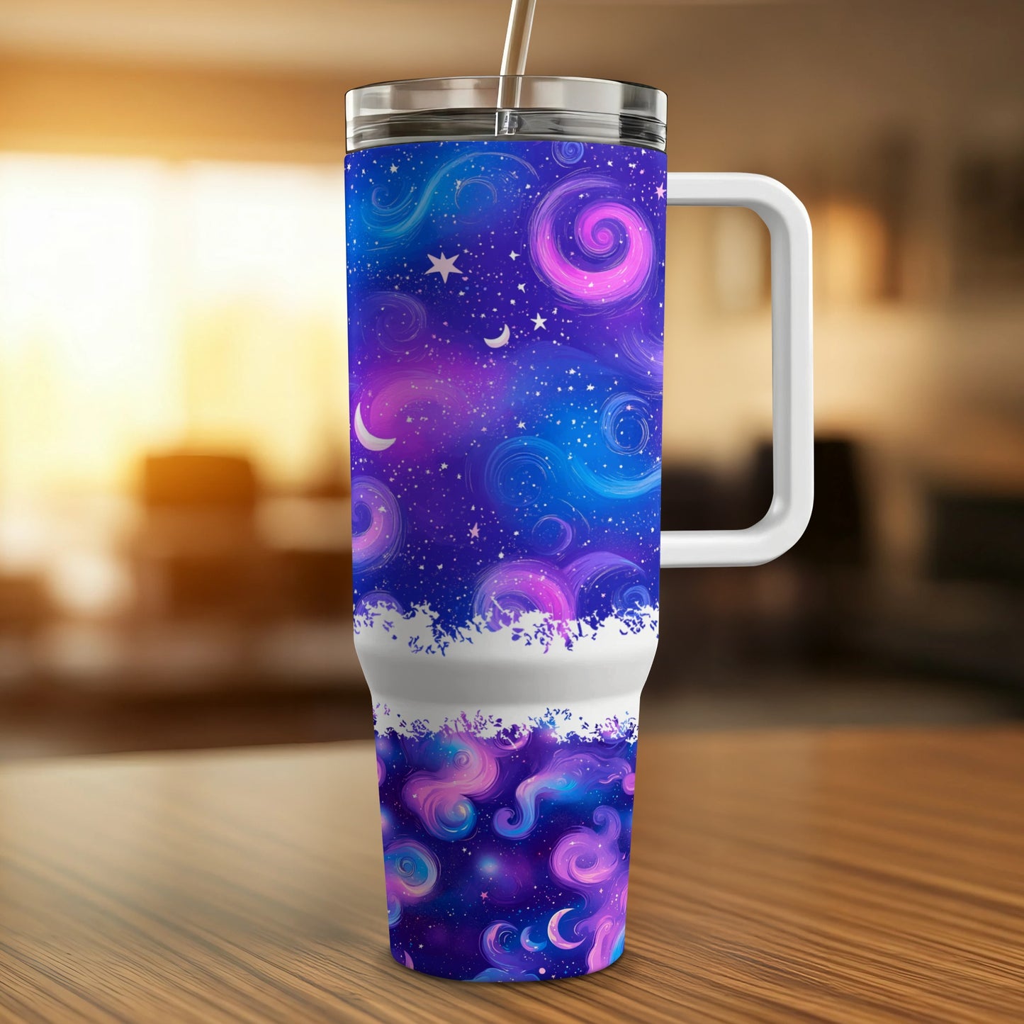 Galaxy Print Travel Mug, Insulated Coffee Cup, Stainless Steel Tumbler with Handle, Space Theme Drinkware, Gift for Astronomers and Sci-Fi