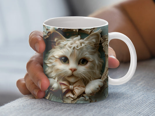 Cute White Kitten Coffee Mug, Floral Cat Art Ceramic Cup, Unique Cat Lover Gift, Cat Themed Kitchen Decor