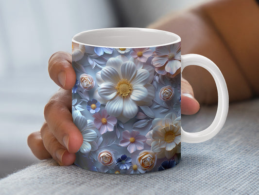 Floral Coffee Mug, Spring Blossom Design, Elegant Blue Background, Ceramic Cup for Gift