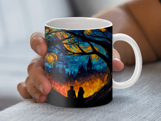 Starry Night Coffee Mug, Romantic Silhouette Art, Van Gogh Inspired Ceramic Cup, Unique Gift Idea