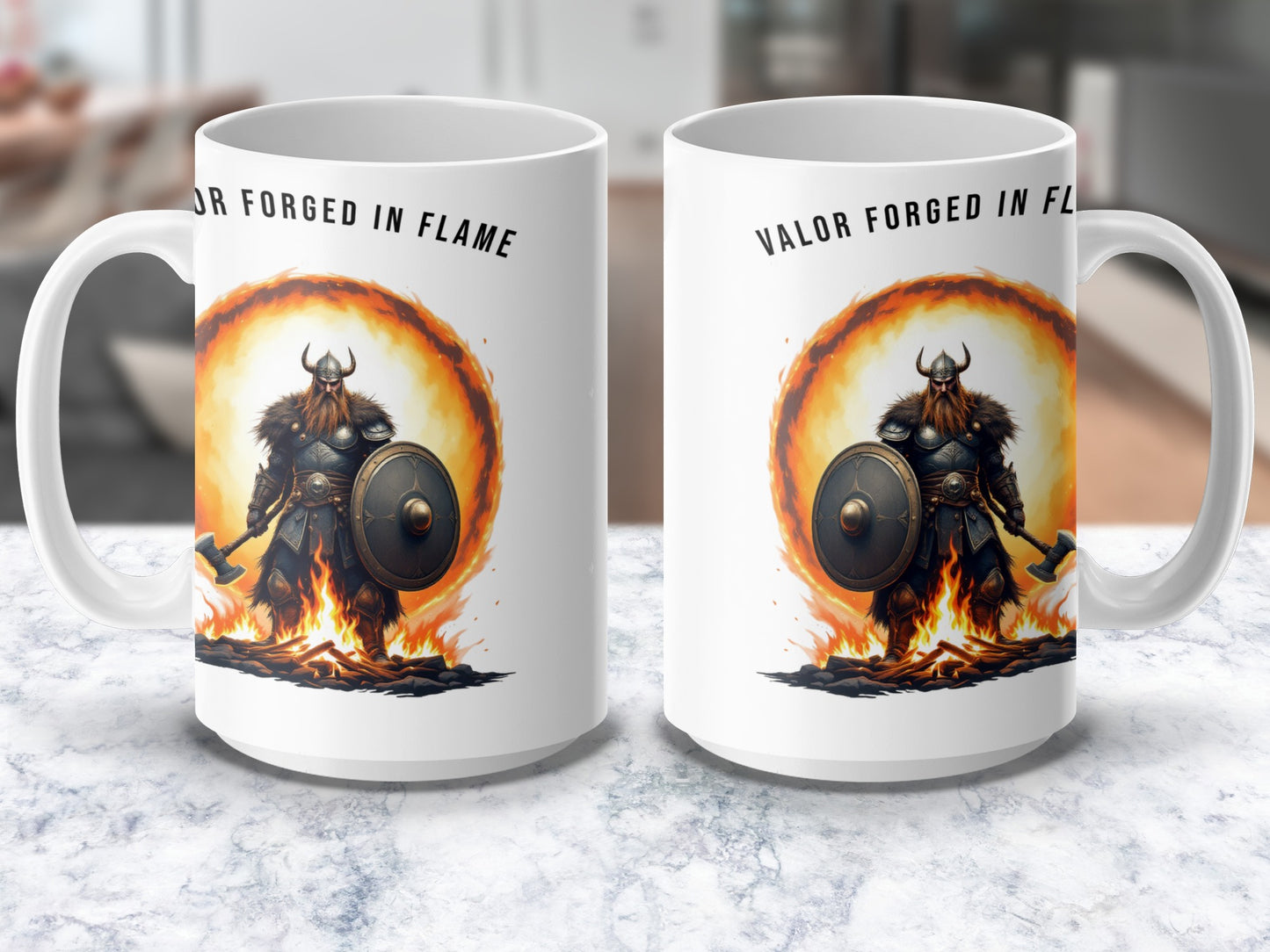 Viking Warrior Coffee Mug, Valor Forged in Flame Design, Norse Mythology Inspired Drinkware, Unique Gift for History Buffs