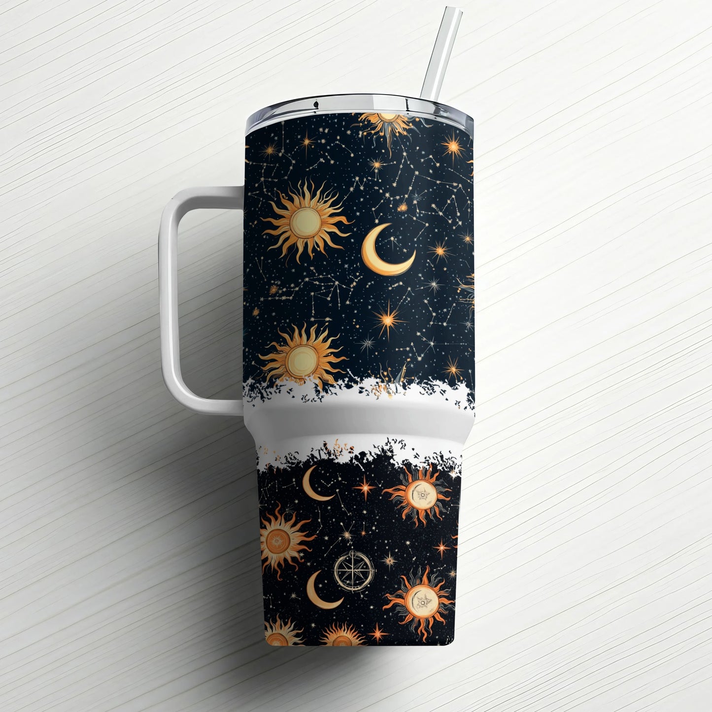 Celestial Coffee Tumbler, Sun and Moon Travel Mug, Insulated Drinkware, Astrology Gift, Stainless Steel Cup with Straw