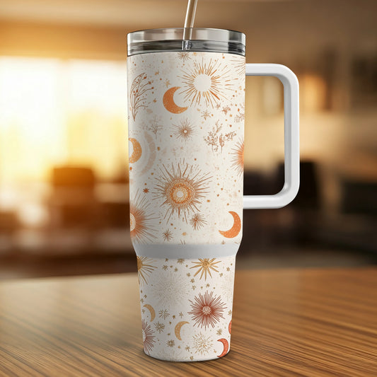 Celestial Tumbler Insulated Travel Mug, Sun Moon Stars Pattern, Stainless Steel Cup with Straw