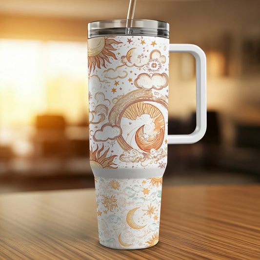 Insulated Coffee Mug, Celestial Design, Travel Tumbler, White and Gold, Moon and Stars, Eco-Friendly, Reusable Drinkware, Unique Gift Idea