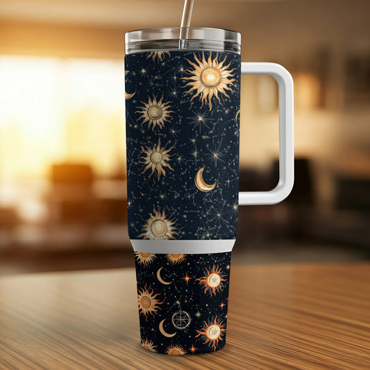 Celestial Travel Mug, Sun and Moon Phases, Insulated Coffee Cup, Space Theme, Astronomical Design, Unique Gift Idea