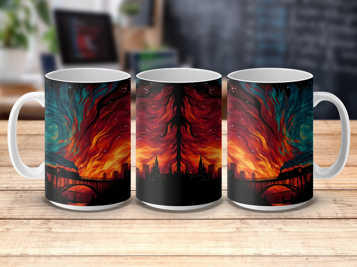 Colorful Abstract Art Coffee Mugs, Vibrant City Skyline Design, Unique Artistic Drinkware, Set of 3 Mugs