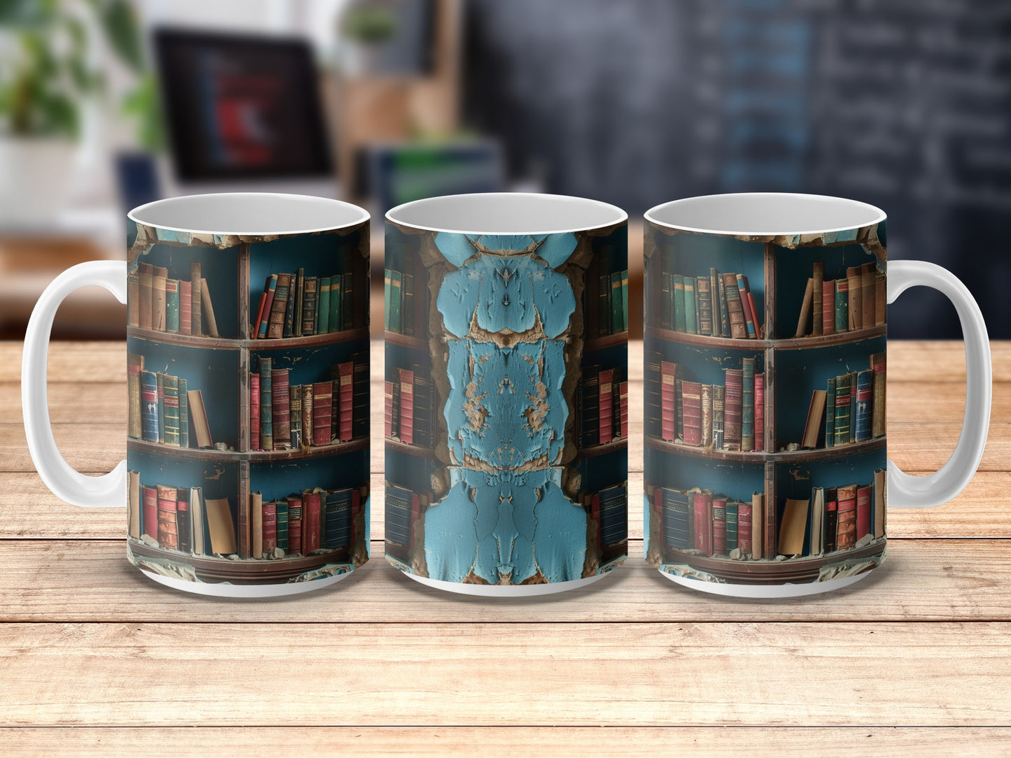 Vintage Library Bookshelf Design Coffee Mugs, Rustic Book Lover Gift, Unique Ceramic Cups for Readers and Writers