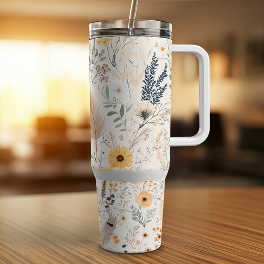 Floral Insulated Tumbler, Elegant White Travel Mug, Botanical Print Coffee Cup with Handle and Lid