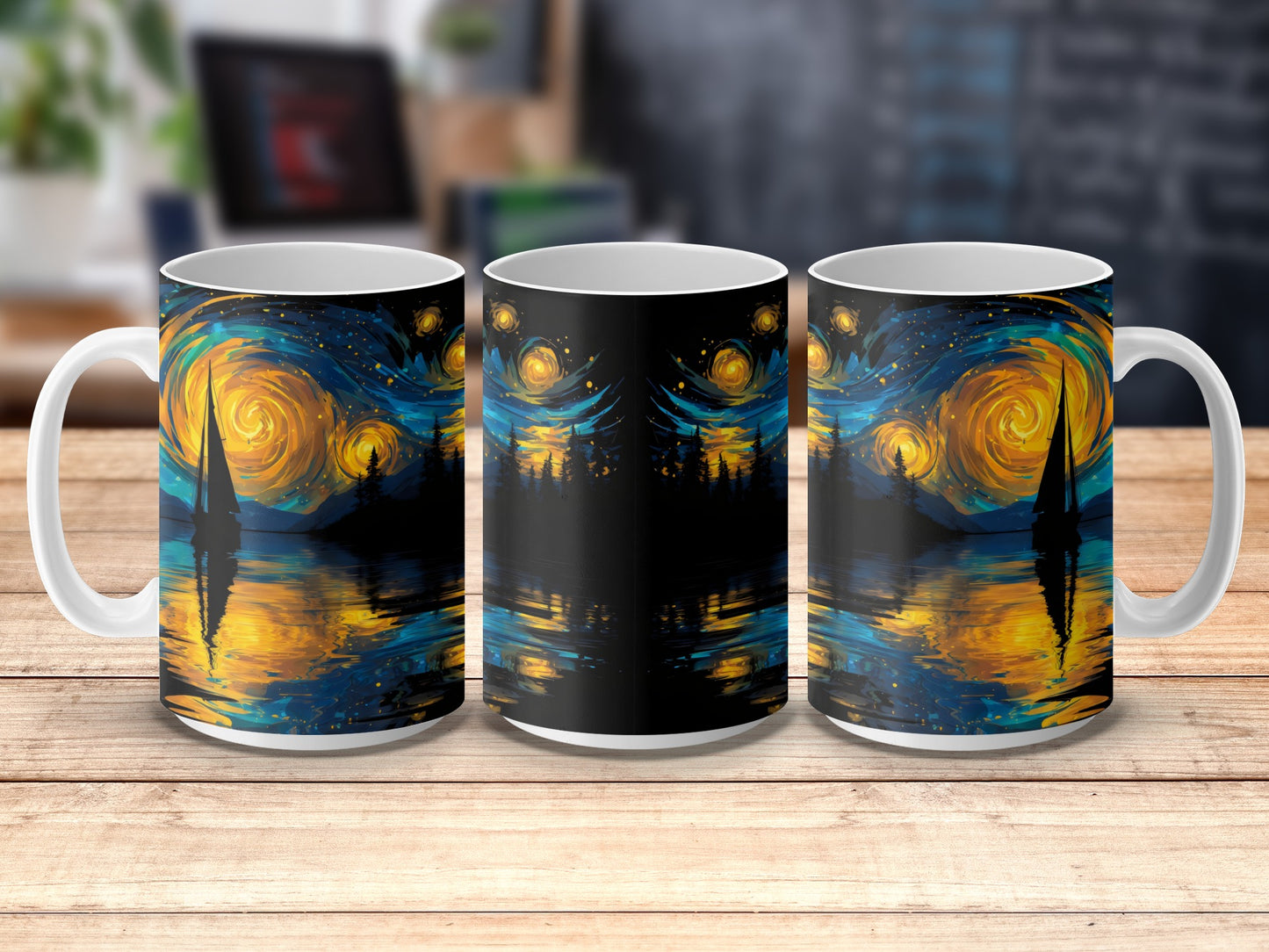 Starry Night-Inspired Coffee Mugs, Van Gogh Art Print Cups, Artistic Drinkware, Set of 3 Mugs for Home or Office Decor