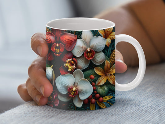 Vibrant Tropical Flower Coffee Mug, Exotic Floral Pattern Ceramic Cup, Gift Ideal for Plant Lovers