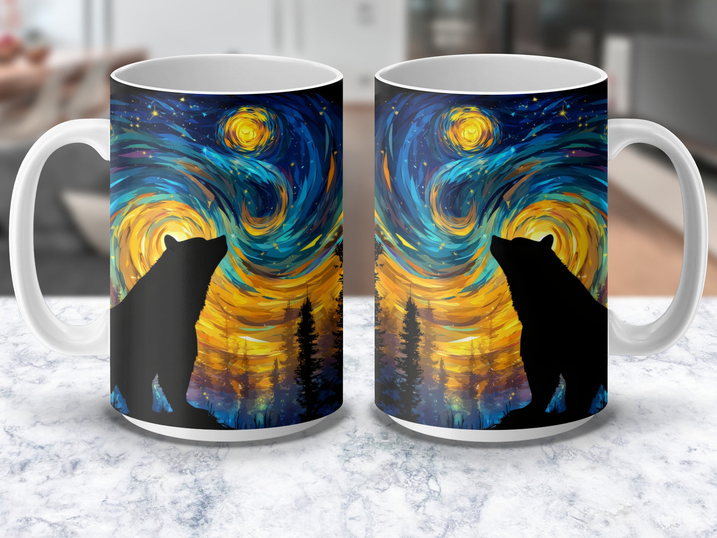 Starry Night Sky Bear Silhouette Coffee Mug, Artistic Forest Wildlife Cup, Unique Gift Idea