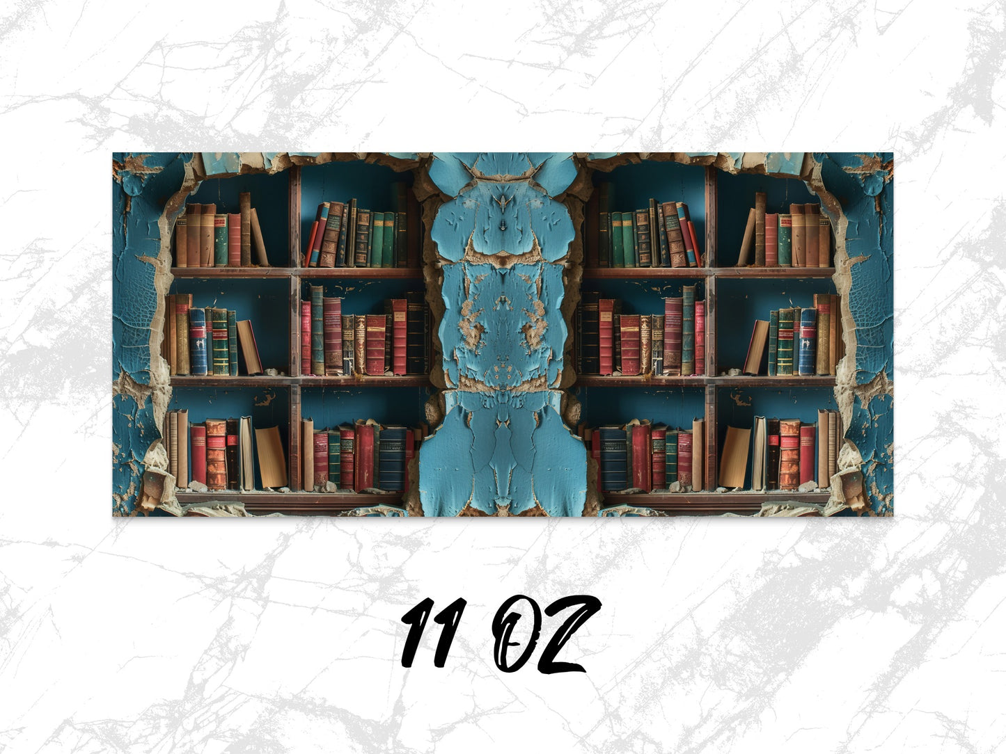 Vintage Bookshelf Design Coffee Mug, Distressed Blue Finish, 11 oz Literary Themed Kitchenware