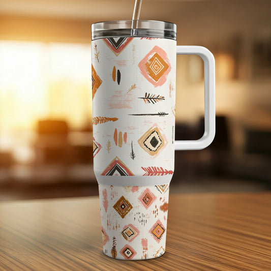 Bohemian Pattern Insulated Travel Mug, Stainless Steel Tumbler, Tribal Print, 20 oz Drinkware, Gift Idea