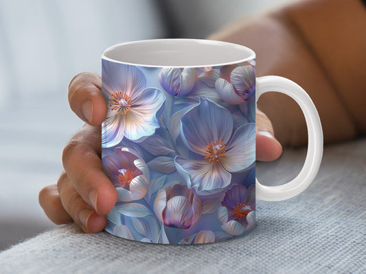 Floral Coffee Mug, Blue Purple Blossom Design, Ceramic Tea Cup, Elegant Gift Idea, Kitchen Decor, Unique Flower Pattern Drinkware