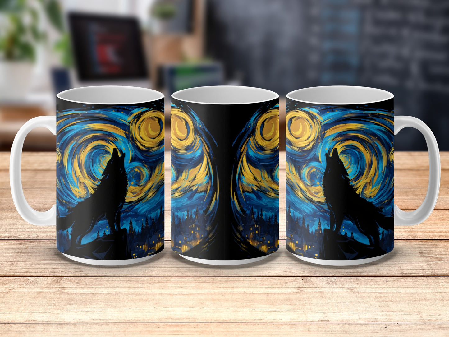 Van Gogh Starry Night Inspired Coffee Mugs, Artistic Blue and Yellow Ceramic Cups, Set of Three
