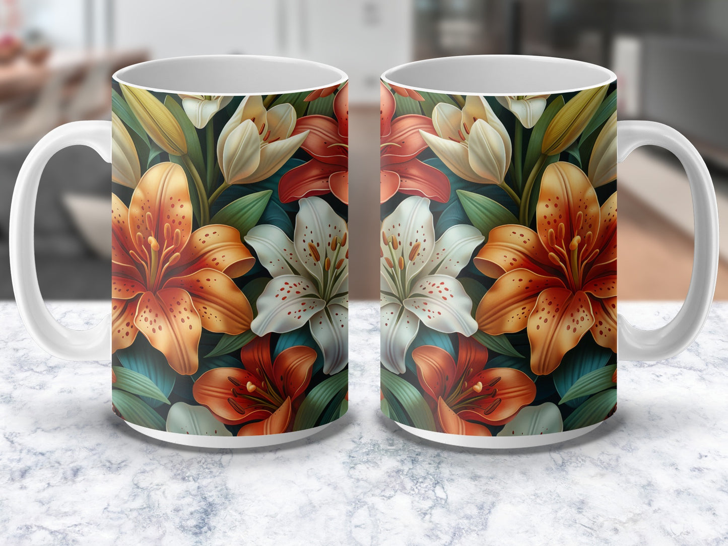 Floral Coffee Mugs, Set of Two, Vibrant Lilies Pattern, Ceramic Tea Cups, Kitchen Decor Gift, Colorful Flower Print Mugs