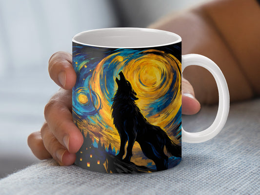 Van Gogh Starry Night Inspired Wolf Coffee Mug, Artistic Ceramic Cup for Animal Lovers and Art Enthusiasts