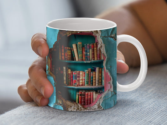 Unique Bookshelf Design Coffee Mug, Vintage Books Print, Library Lover Gift, Reading Nook Decorative Tea Cup