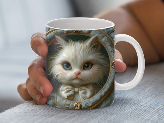 Cute Fluffy Cat Mug, Artistic Blue-Eyed Kitten Coffee Cup, Unique Cat Lover Gift, Decorative Tea Mug with Bow Tie Design