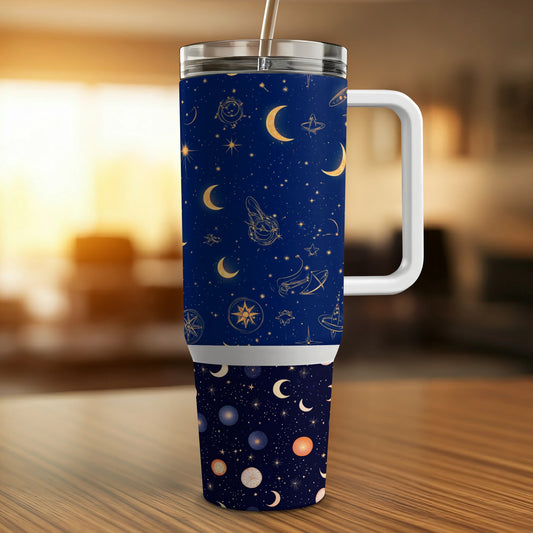 Navy Blue Space Themed Travel Mug, Insulated Tumbler with Lid, Stellar Celestial Design, Gift for Astronomers