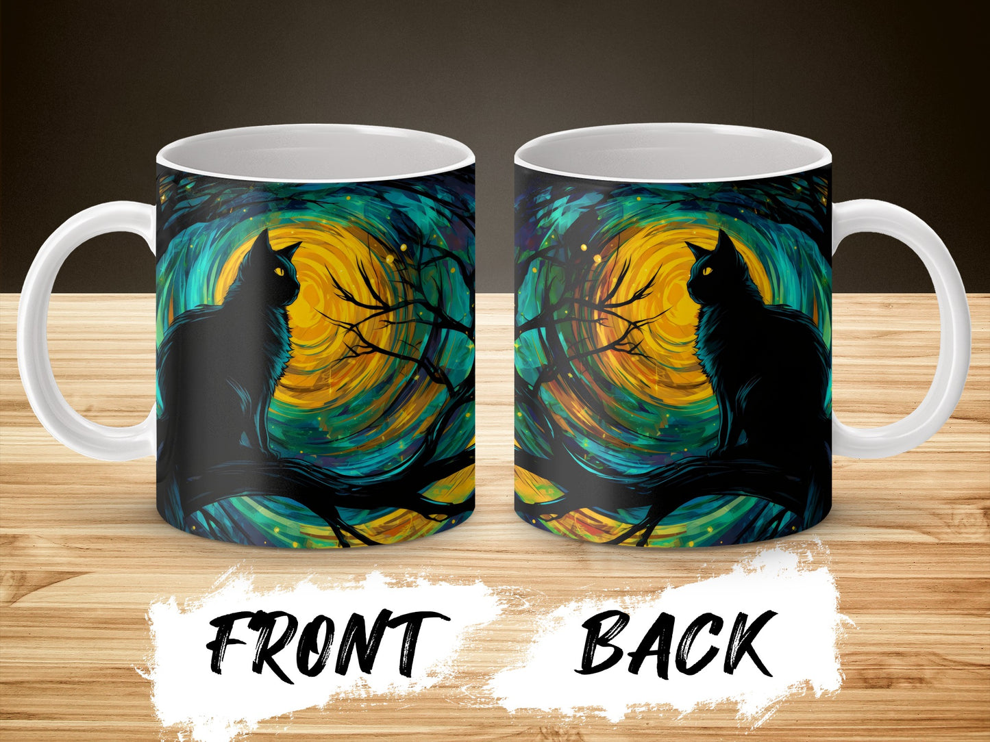 Cat Silhouette Moon Coffee Mug, Artistic Night Sky Design, Unique Cat Lover Gift, Dual-Sided Print