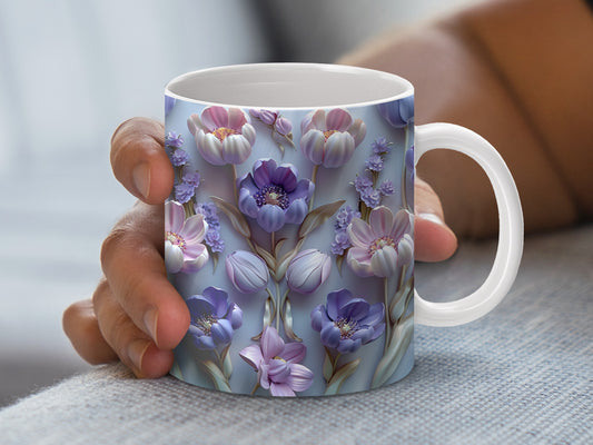 Floral Ceramic Mug, Purple and Blue Flower Print, Elegant Coffee Cup, Gift Idea