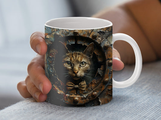 Cat in Tree Hole Design Mug, Unique Cat Lover Gift, Ceramic Coffee Cup, Animal Themed Kitchen Decor
