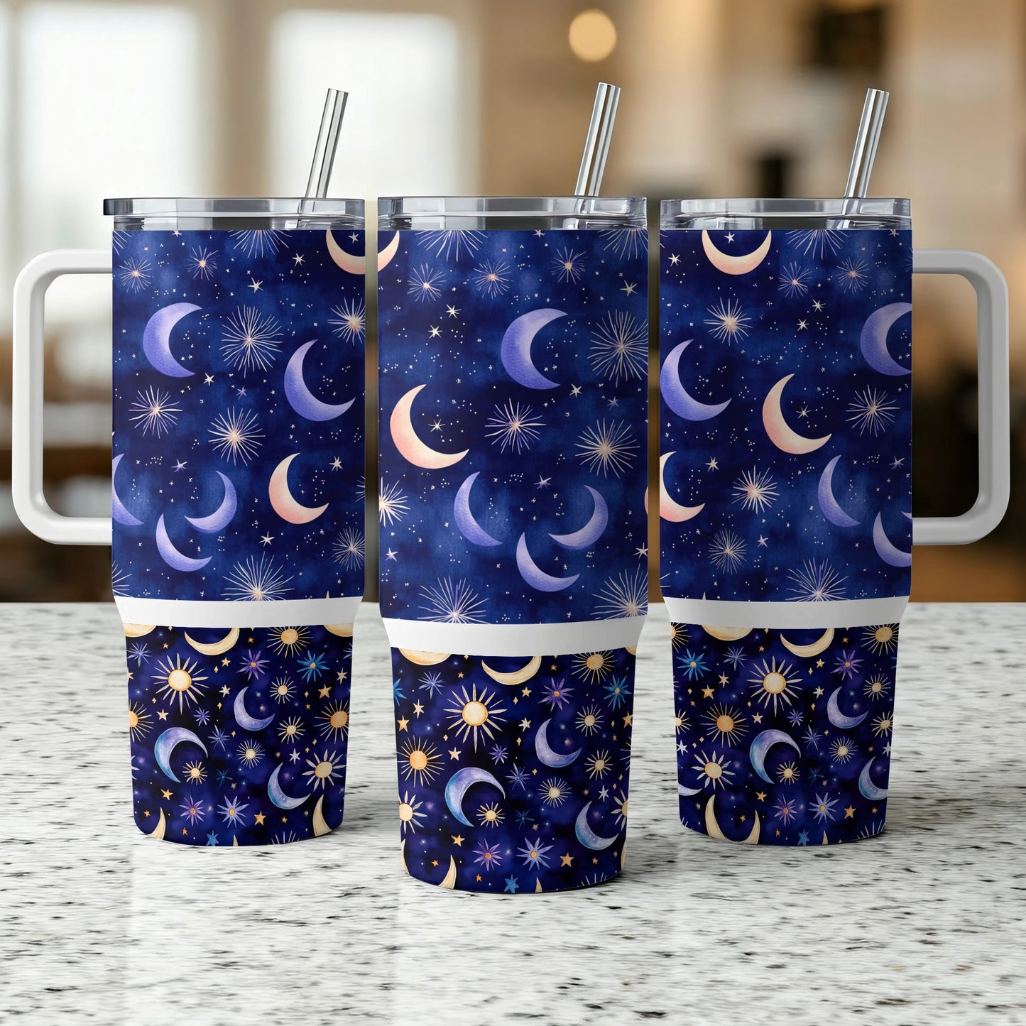 Celestial Pattern Tumbler Cups, Blue Sky Stars and Moons, Insulated Drinkware Set, Stainless Steel Straws, Gift Idea
