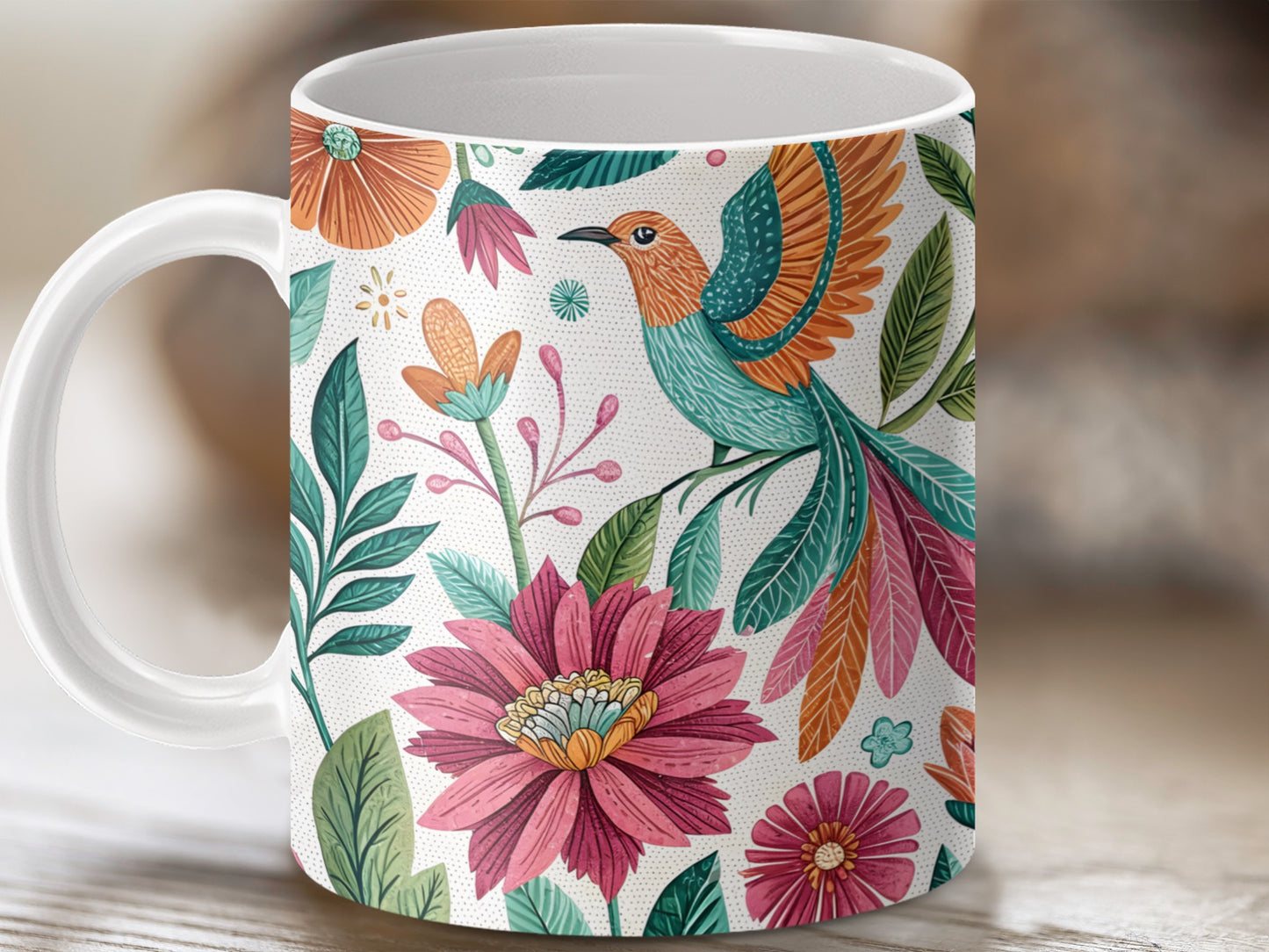 Floral and Bird Design on Ceramic Coffee Mug product