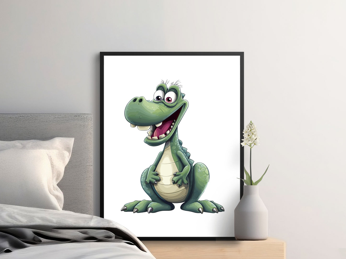 Cartoon Dinosaur Art Print, Playful T-Rex Wall Decor, Kids Room Poster, Nursery Wall Art, Colorful Dino Illustration