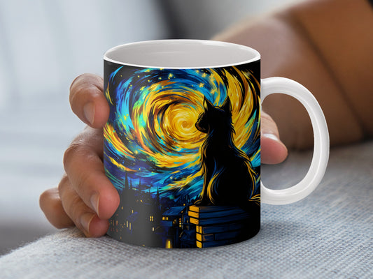 Starry Night Van Gogh Inspired Mug, Black Cat Silhouette, Artistic Coffee Cup, Unique Gift Idea