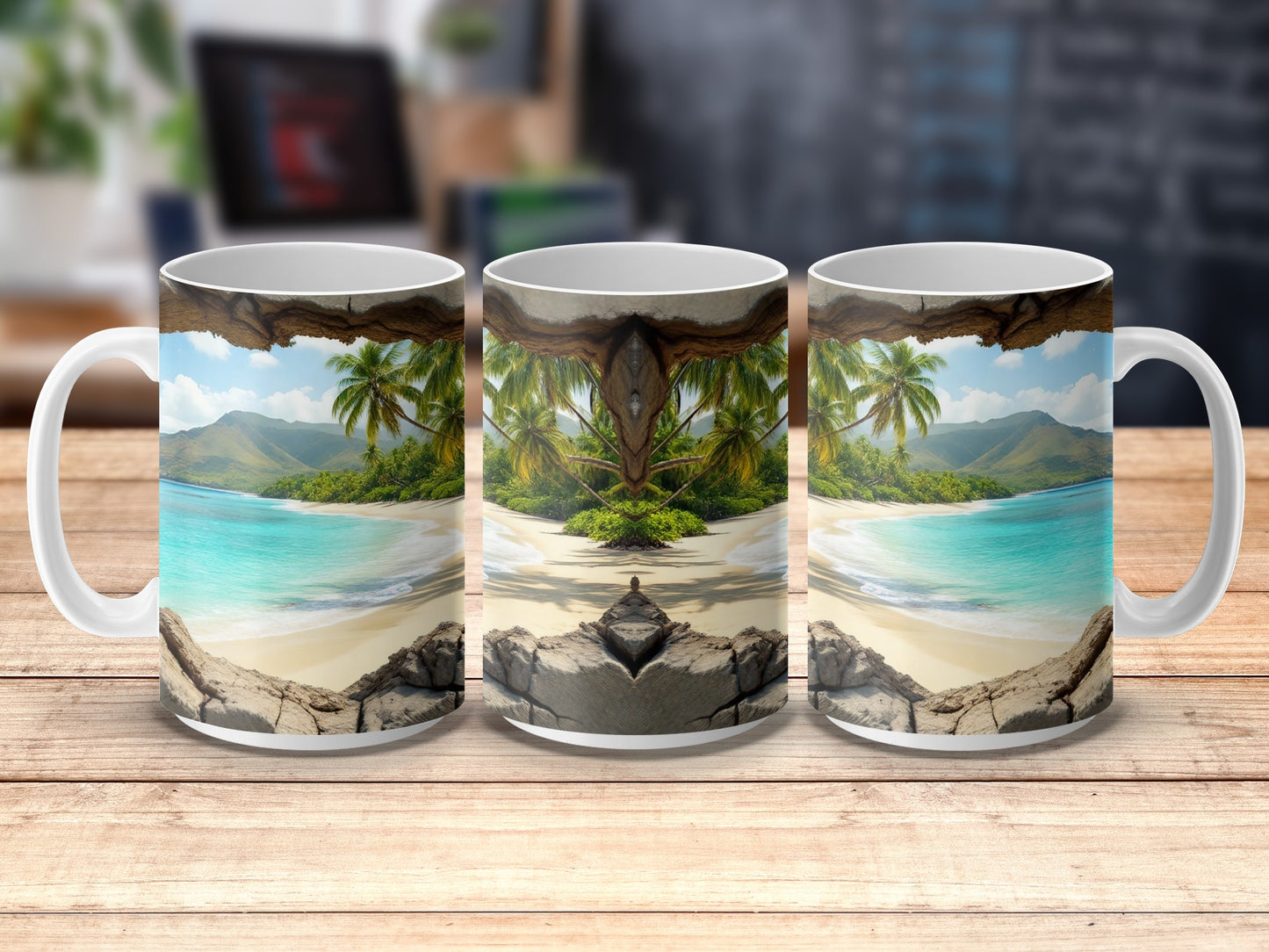Tropical Beach Scene Coffee Mug, Palm Trees and Ocean View Ceramic Cup, Island Paradise Drinkware Gift