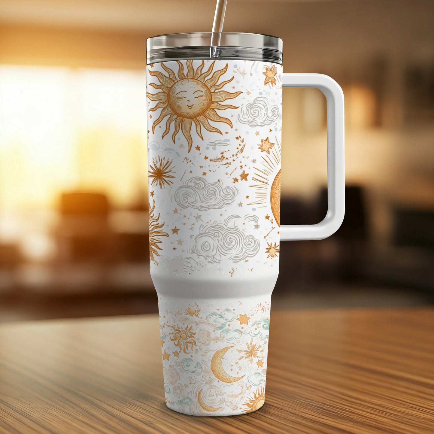 Celestial Travel Mug, Sun and Moon Print, White Insulated Tumbler, Stars and Clouds Design, Unique Coffee Cup, Gift Idea
