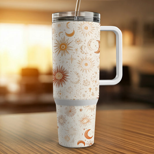 Celestial Pattern Insulated Travel Mug, Sun and Moon Print, Stainless Steel Tumbler