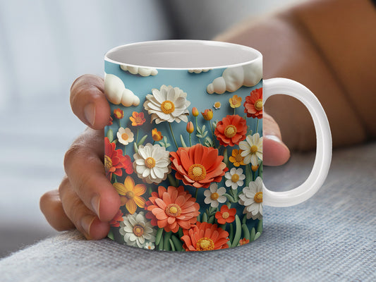Floral Coffee Mug, Bright Daisy and Poppy Design, Colorful Spring Flowers, Ceramic Tea Cup, Gift Idea