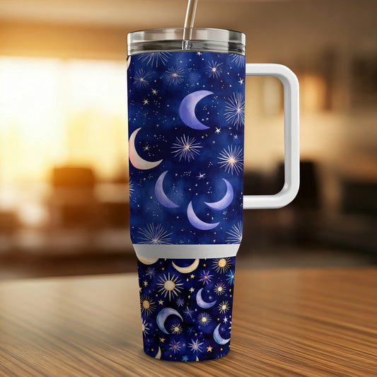 Celestial Tumbler, Moon and Stars Travel Mug, Insulated Coffee Cup, Stainless Steel, Blue Night Sky Pattern, With Lid and Straw