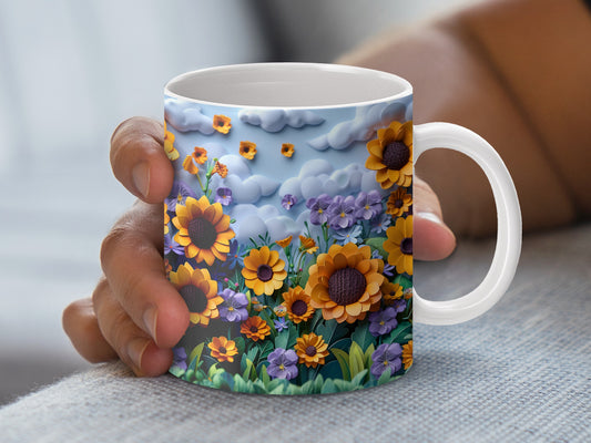 Colorful Floral Coffee Mug, Sunflower and Lavender Design, Ceramic Tea Cup, Gift Idea, Handheld Mug with Nature Motif